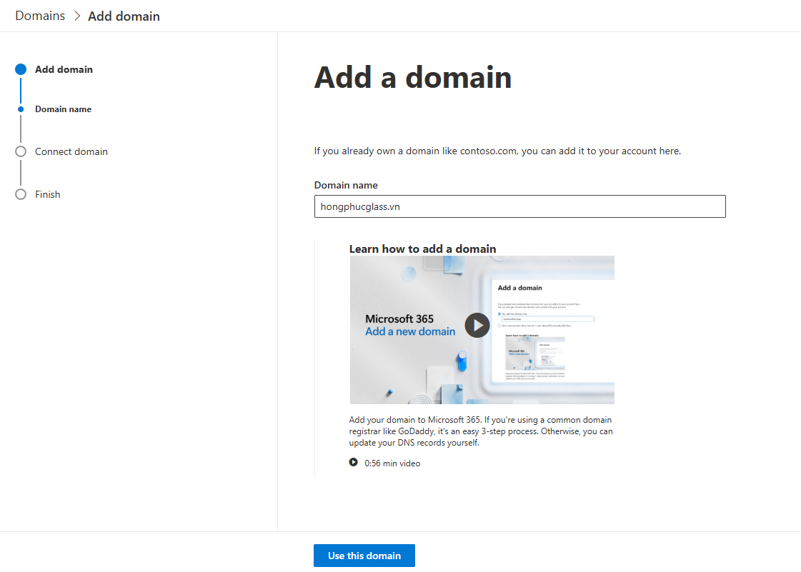 Thêm domain vào tài khoản microsoft